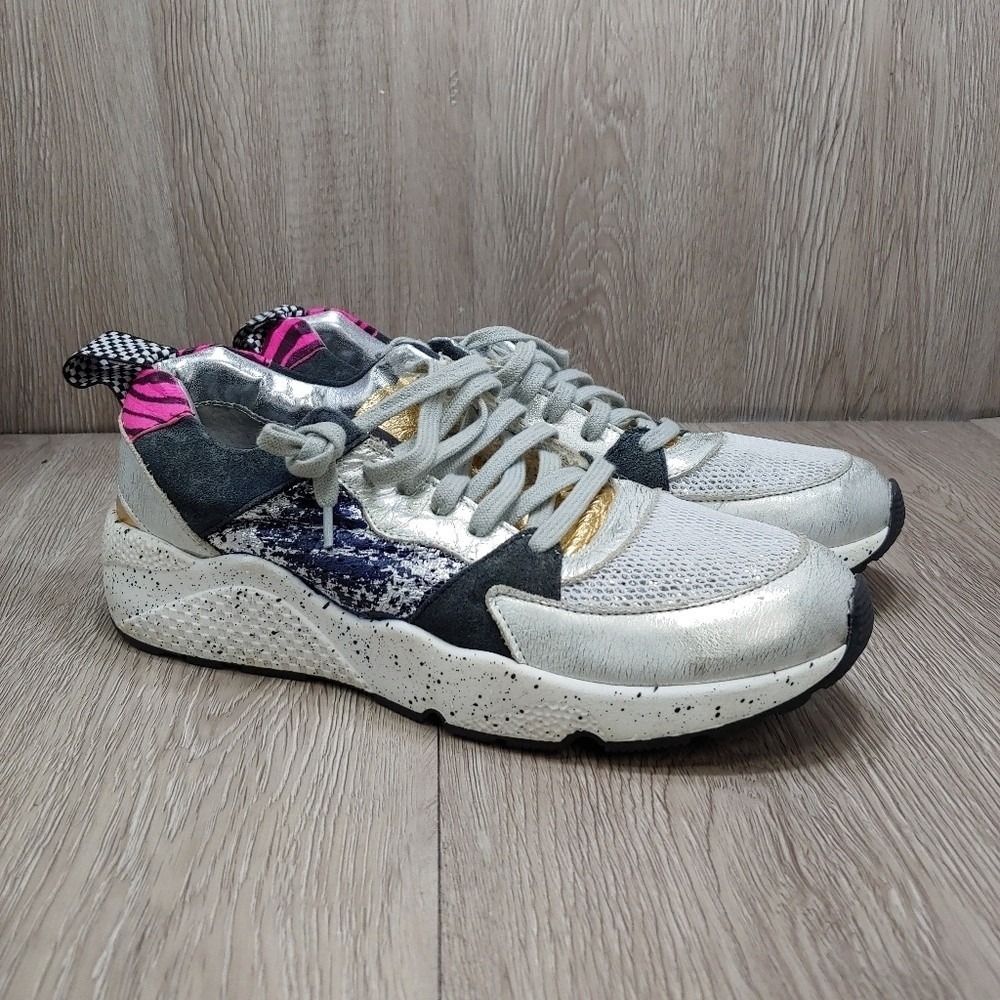 P448 Alex Lace Up Metallic Leather Sneakers Multi Pink Silver Gold Blue EU 37‎